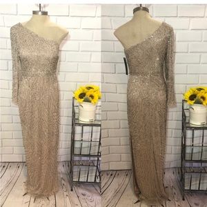 Aidan Mattox One Sleeve fully beaded slit gown